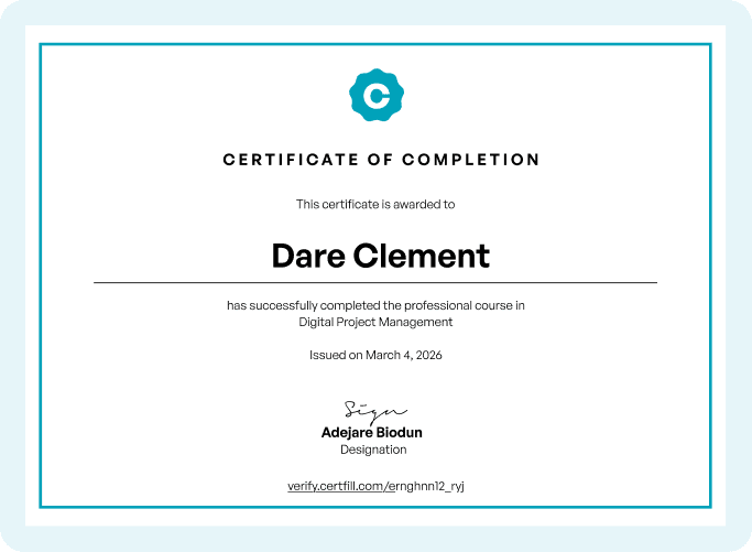 A Certfill-issued Certificate of Completion with a unique verification link at the bottom