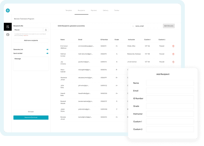 Certfill recipients view: bulk CSV upload with column-to-field mapping and an Add Recipient panel