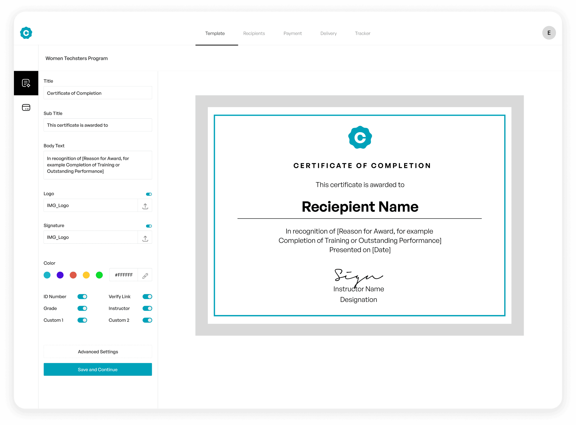 Certfill Dashboard showing certificate editor