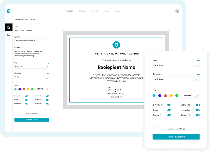 Certfill template editor: designing a Certificate of Completion with field mapping and live preview