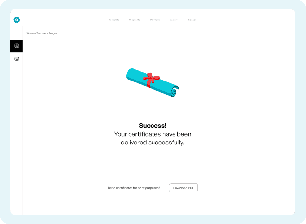 Certfill delivery confirmation screen showing certificates have been sent successfully to all recipients